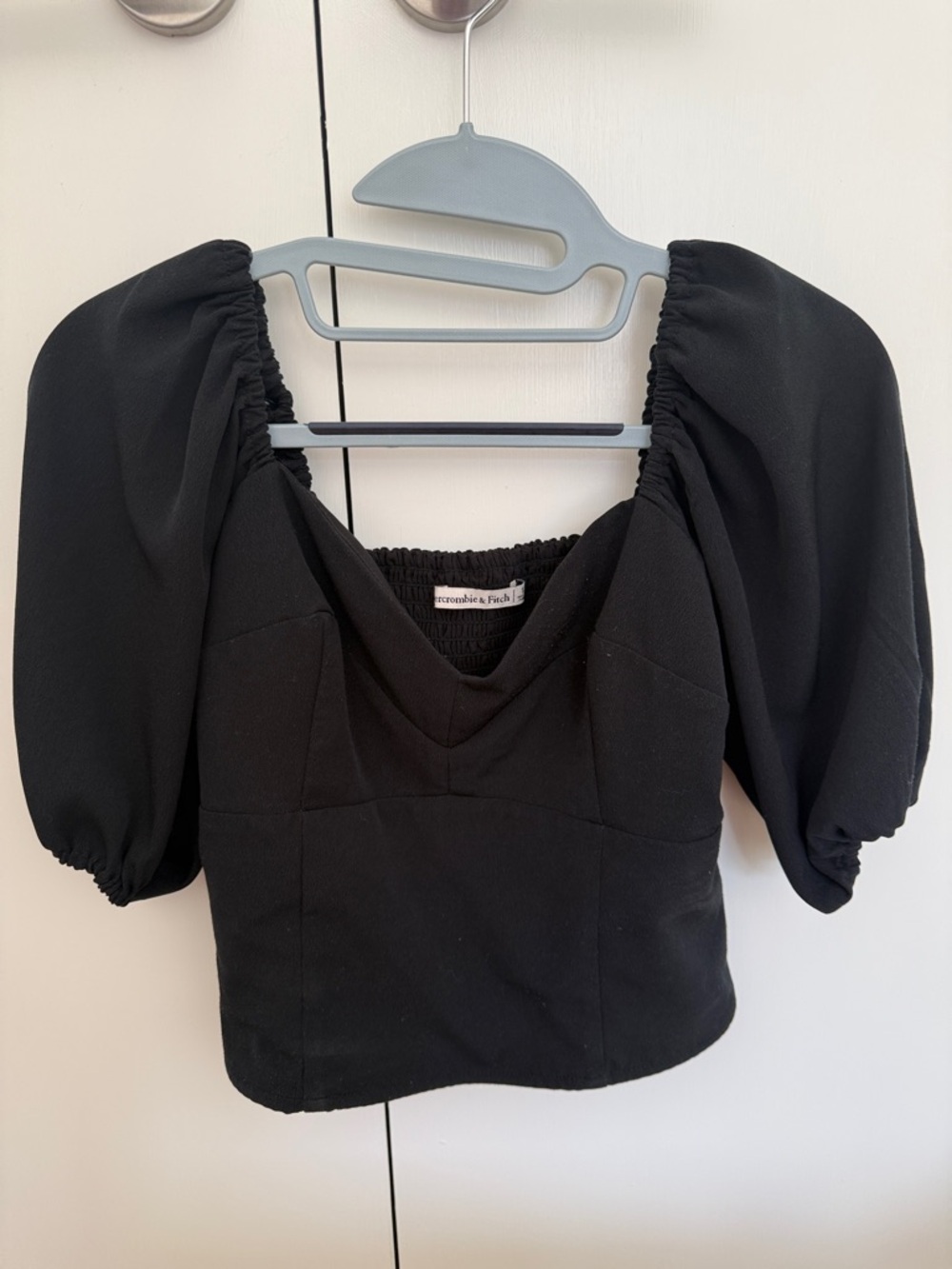 Abercrombie & Fitch Black Puff Sleeve Smocked Crop Top
